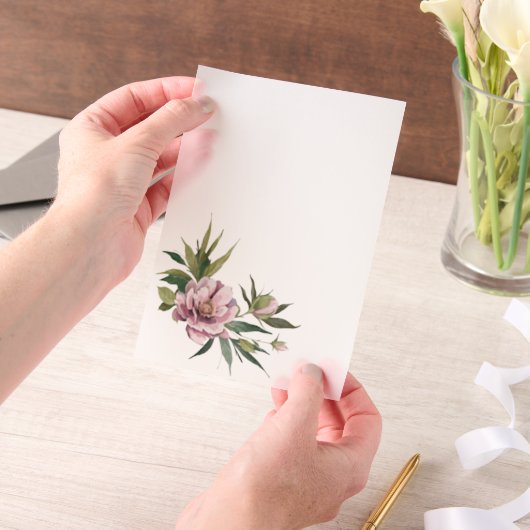 Pink Peony Green Leaves Overlay Pergament Einladungen (Handgehalten)