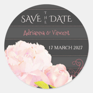 Pink Peony Grey Stripes Wedding Save the Date Runder Aufkleber