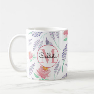 Pink Peony Lavendel Floral Watercolor Monogram Kaffeetasse