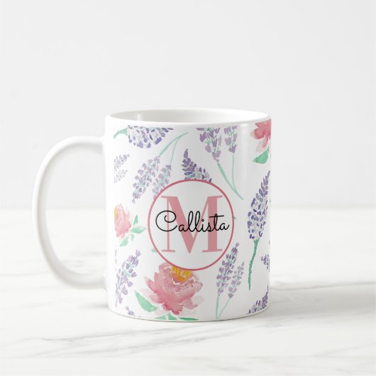 Pink Peony Lavendel Floral Watercolor Monogram Kaffeetasse (Links)