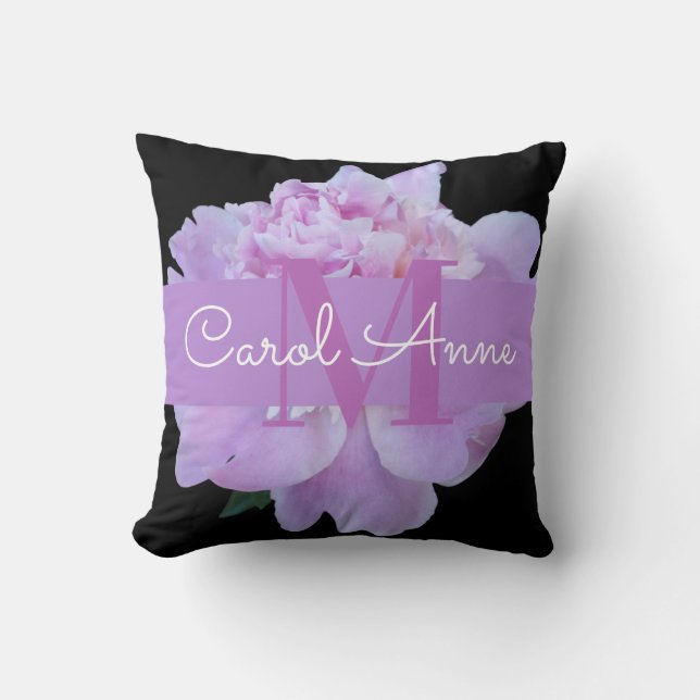 Pink Peony Lila Monogram Floral Black Thill Pill Kissen (Vorderseite)