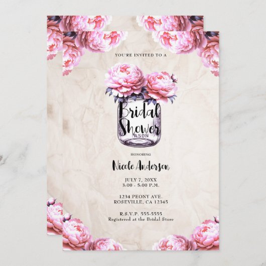 Pink Peony Mason Jar Rustikales Brautparty Einladung (Vorne/Hinten)