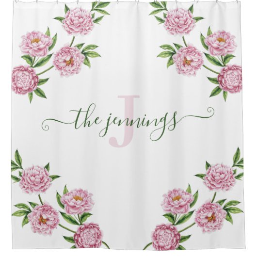 Pink Peony Mit Monogramm Duschvorhang (Vorderseite)