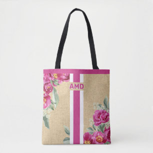 Pink Peony Monogram Imitats Burlap Jute Tasche
