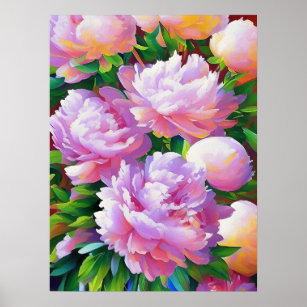 Pink Peony Painting, Peonies Flower Wall Art Poster