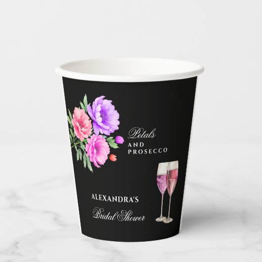 Pink Peony Petals and Prosecco Brautparty Pappbecher (Vorderseite)