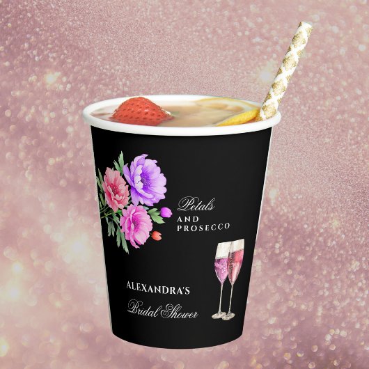 Pink Peony Petals and Prosecco Brautparty Pappbecher