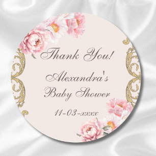 Pink Peony Rokoko Floral Baby Dusche Vielen Dank Runder Aufkleber
