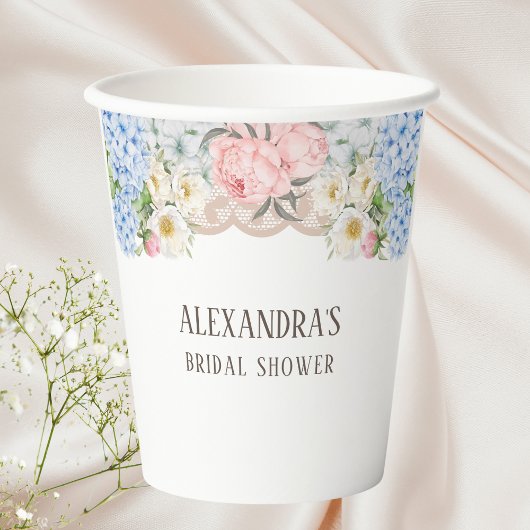 Pink Peony Romantic Blue Hydrangea Brautparty Pappbecher