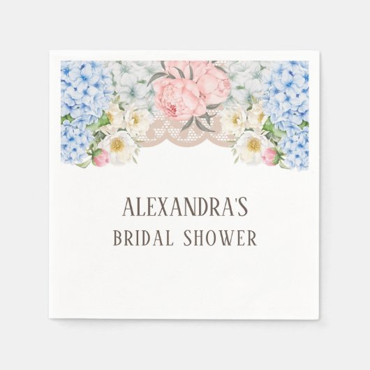 Pink Peony Romantic Blue Hydrangea Brautparty Serviette (Vorderseite)
