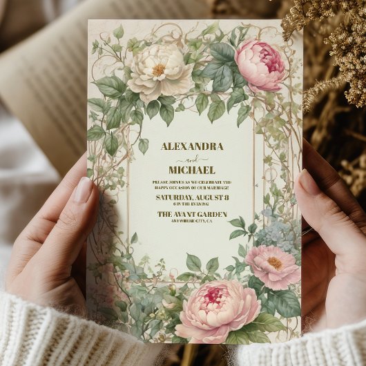 Pink Peony Romantische Jugendstil-Hochzeit Einladung