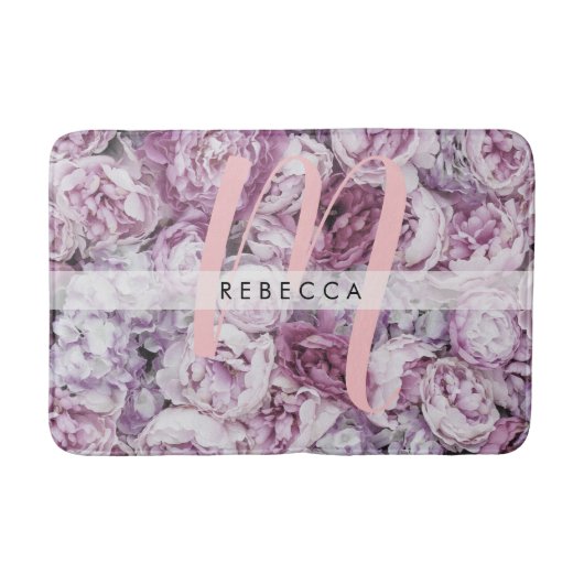 Pink Peony Rose Floral Stilvolles Monogramm Badematte (Vorderseite)