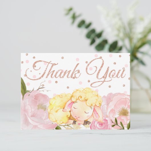 Pink Peony Rose Gold Sheep Baby Dusche Vielen Dank Dankeskarte (Stehend Vorderseite)