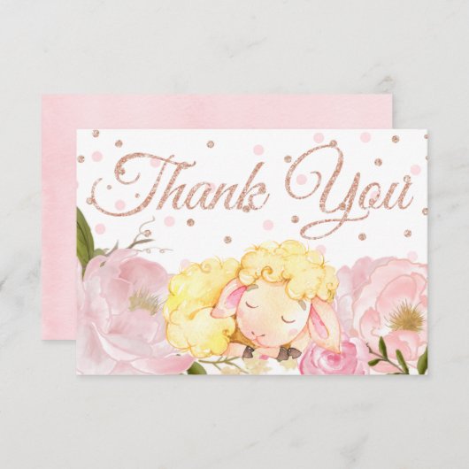 Pink Peony Rose Gold Sheep Baby Dusche Vielen Dank Dankeskarte (Vorne/Hinten)