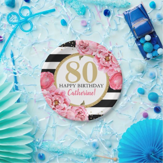 Pink Peony Striping Meilenstein Geburtstag Pappteller (Party)