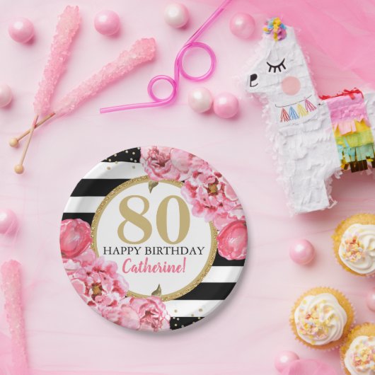 Pink Peony Striping Meilenstein Geburtstag Pappteller (Party)