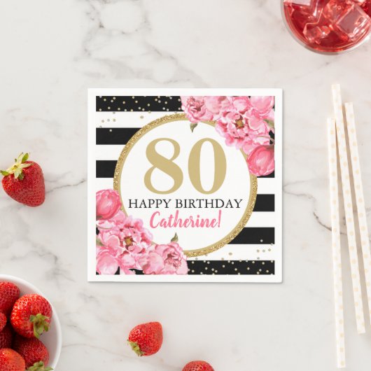 Pink Peony Striping Meilenstein Geburtstag Serviette (Beispiel)