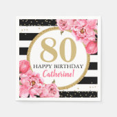 Pink Peony Striping Meilenstein Geburtstag Serviette (Vorderseite)