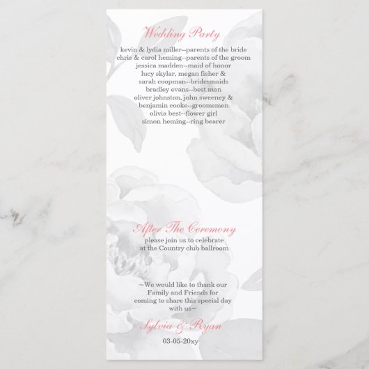 Pink Peony Tea Lange Hochzeitsprogramme Programm (Rückseite)