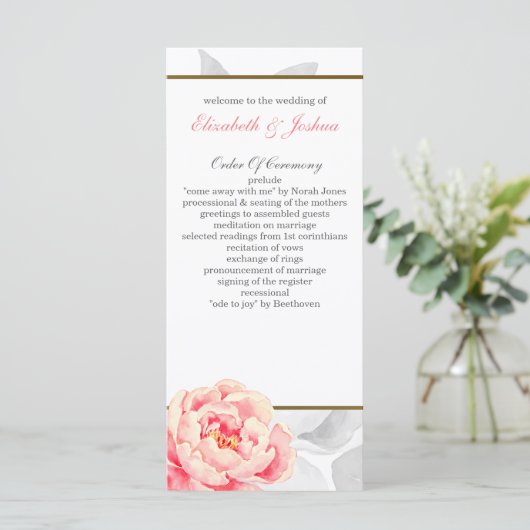 Pink Peony Tea Lange Hochzeitsprogramme Programm (Stehend Vorderseite)