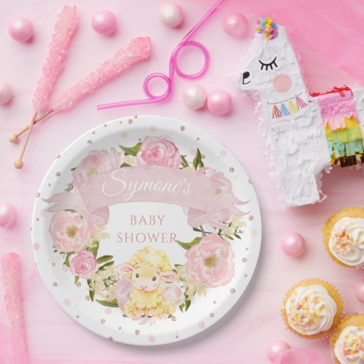 Pink Peony und Rose Gold Sheep Custom Baby Dusche Pappteller (Party)