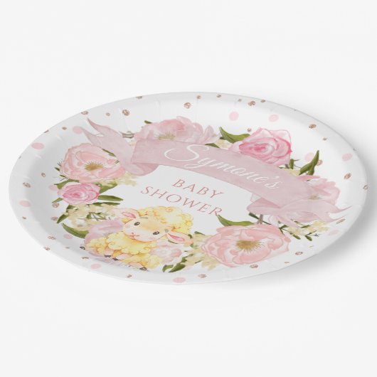 Pink Peony und Rose Gold Sheep Custom Baby Dusche Pappteller (Schrägansicht)