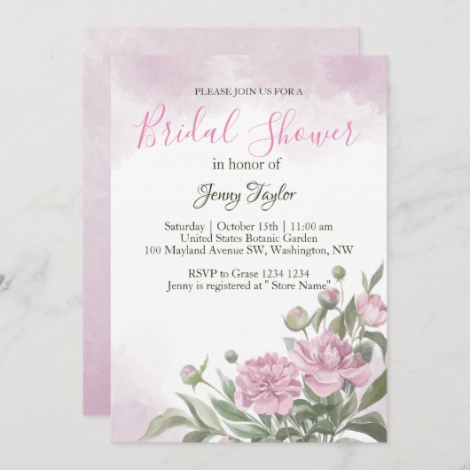 Pink Peony Watercolor Bridal Dusche Einladung (Vorne/Hinten)