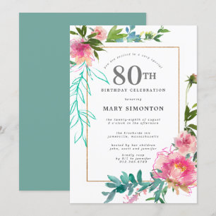 Pink Peony Watercolor Floral 80. Geburtstag Einladung