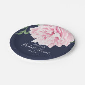 Pink Peony Watercolor Floral Navy Brautparty Pappteller (Schrägansicht)