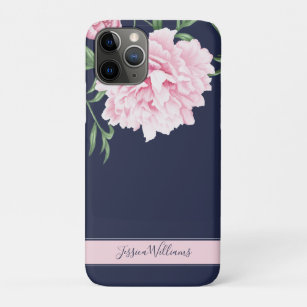Pink Peony Watercolor Floral Navy Name Case-Mate iPhone Hülle