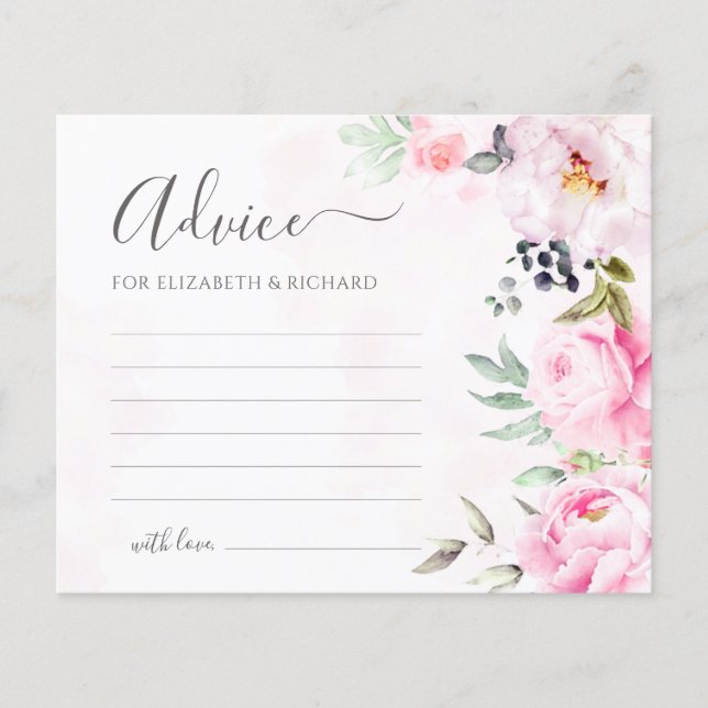 Pink Peony Watercolor Floral Wedding Advice Card (Vorderseite)