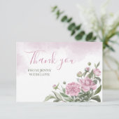 Pink Peony Watercolor Foliage Dankeskarte (Stehend Vorderseite)