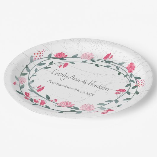 Pink Peony Watercolor Foto Hochzeit Pappteller (Schrägansicht)