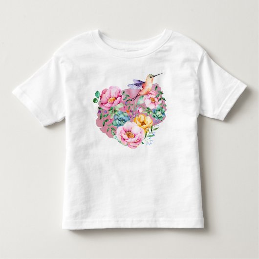 Pink Peony Watercolor Herz mit Hummingbird Kleinkind T-shirt (Vorderseite)
