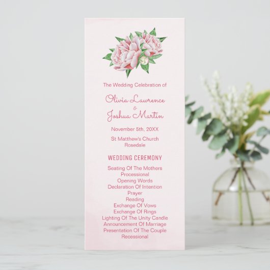 Pink Peony Watercolor Hochzeitsprogramme Programm (Stehend Vorderseite)