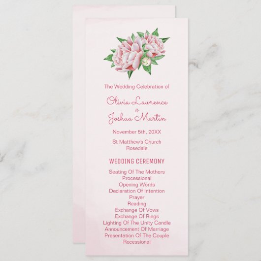 Pink Peony Watercolor Hochzeitsprogramme Programm (Vorne/Hinten)