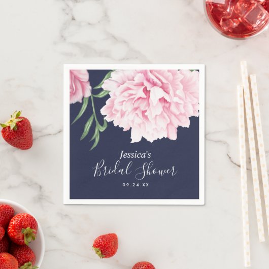 Pink Peony Watercolor Navy Brautparty Serviette (Beispiel)