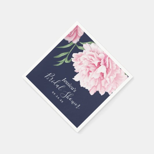 Pink Peony Watercolor Navy Brautparty Serviette (Ecke)