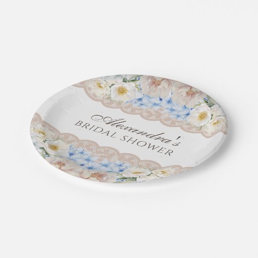 Pink Peony White Blue Hydrangea Brautparty Pappteller (Schrägansicht)