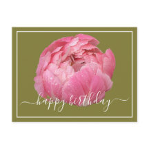 Pink Peony with Dew Dropdown Green Background Birt