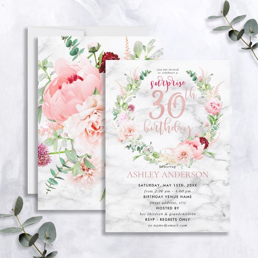 Pink Peony Wreath Rose Gold Marmor Überraschung 30 Einladung