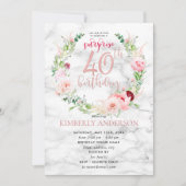 Pink Peony Wreath Rose Gold Marmor Überraschung 40 Einladung (Vorderseite)