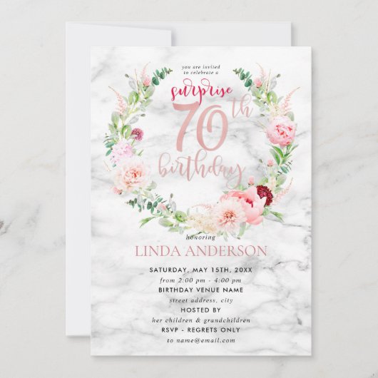 Pink Peony Wreath Rose Gold Marmor Überraschung 70 Einladung (Vorderseite)
