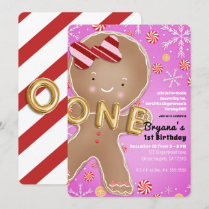 Pink Peppermint Gingerbread Mann 1 1. Geburtstag Einladung