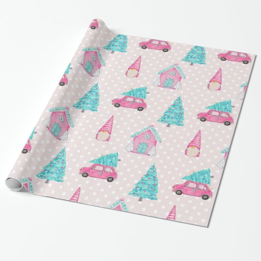 Pink Peppermint Gnome Weihnachtsbaummuster Geschenkpapier (Ungerollt)