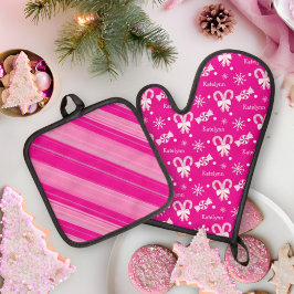 Pink Peppermint Snowflakes Candy Cane Stripname Ofenhandschuh & Topflappen-Set