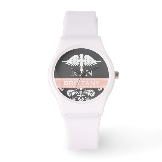 PINK PERSONALISIERT NURSE RN CADUCEUS CHALKBOARD ARMBANDUHR (Vorderseite)