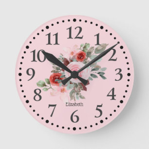 Pink Personalized Beautiful Floral Round Clock Runde Wanduhr