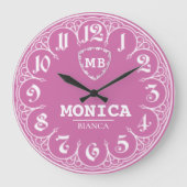 Pink Personalized with White LeatherMonogram Femin Große Wanduhr (Vorderseite)