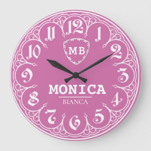 Pink Personalized with White LeatherMonogram Femin Große Wanduhr (Vorderseite)